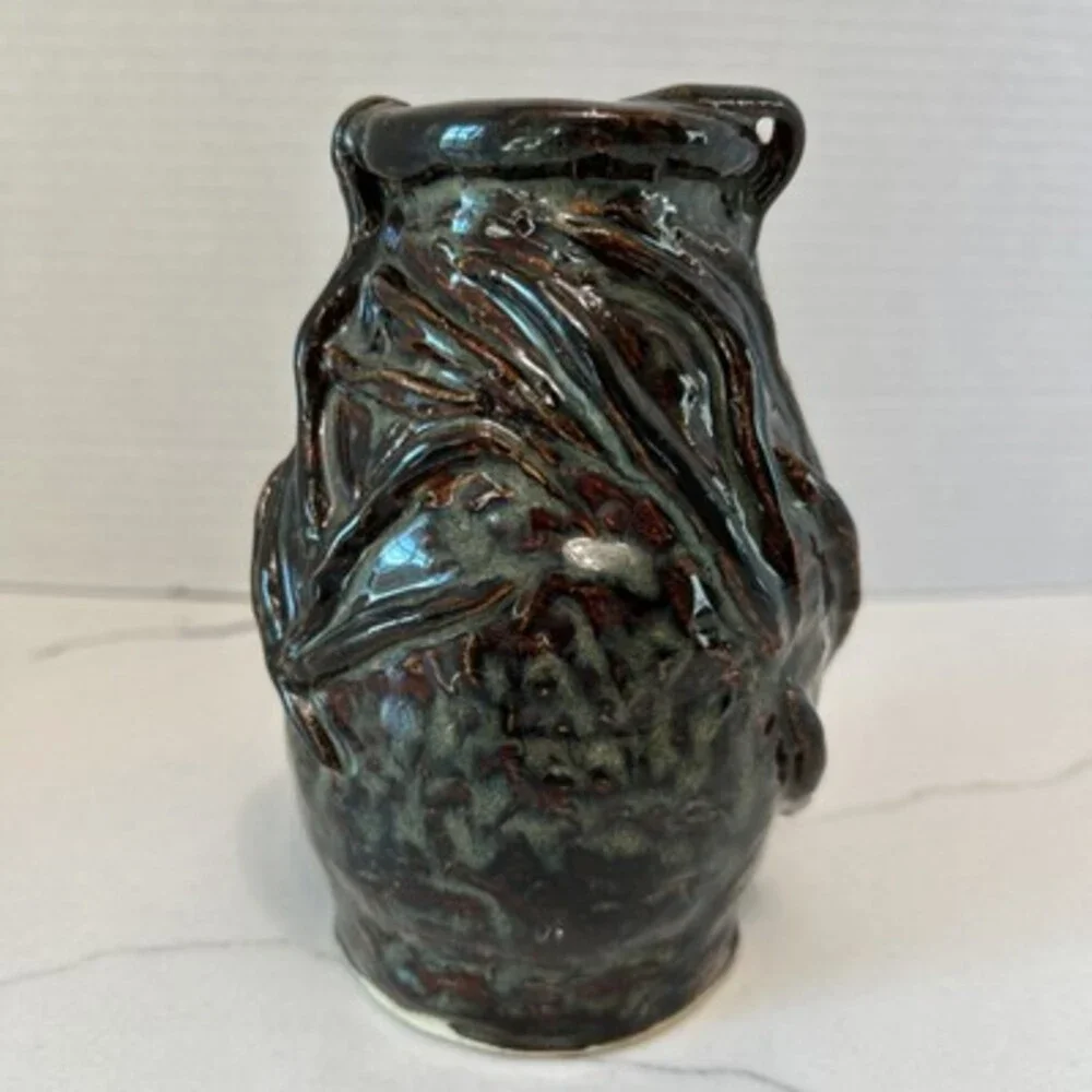 Vtg Handmade Studio Pottery Vase Brown Glaze W/ Decorative Pattern